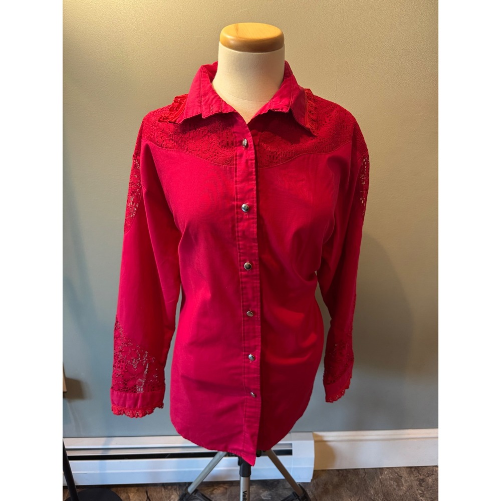 Vintage 90's Saisa Women's Western Shirt 2X Red Lace Trim‎ Made In USA